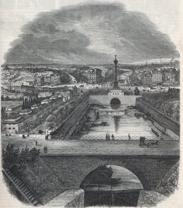 Madárkép a Saint-Martin csatornáról (Saint Martin), a Place és a Bastille negyedről, a Szajna jobb partjáról - Edmond Texier 1852-es metszete „Tableau-de-Paris”-ban alkotó: French School
