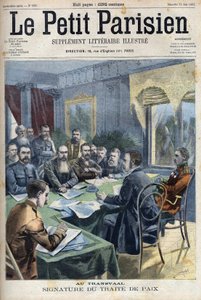 Búr háború. A transzvaali békeszerződés aláírása a búr főnökök és Horatio Herbert Kitchener brit tábornok (1850-1916) között Pretoriában, Dél-Afrikában. Metszet a „Le Petit Parisien”-ben alkotó: French School