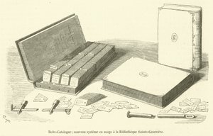 Katalógusdoboz, új rendszer használatban a Bibliotheque Sainte-Genevieve-ben (metszet) alkotó: French School