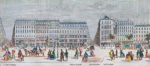A Boulevard Montmartre a déli oldalon és a Boulevard des Italiens a déli oldalon - Rue Vivienne - Maison Frascati - Rue Richelieu - Cafe Cardinal - Edmond Texier 1852-es metszete a „Tableau-de-Paris”-ban alkotó: French School