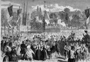 Breton Ball a csatatéren Quimperben (Finistere, 29) III. Napóleon (1808-1873) és Eugenie impresszum (1826-1920) jelenlétében. Metszet a „” Le Monde Illustré”” 72. számában, augusztus 28-án alkotó: French School