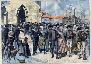 Breton szokás: hagyományos házasságkötés Plougastelben (Finistere, Bretagne). A házasságok elhagyják az egyházat. Metszet a "" Le Petro Parisien" -ben alkotó: French School