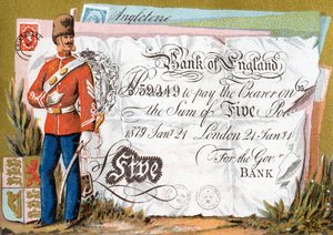 A brit hadsereg katona a Bank of England ötfontos bankjegyét őrzi, 1886-95 alkotó: French School