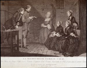 Calas-ügy: Jean Calas (meghalt 1762-ben) szerencsétlen családja: az anya, a két lány, Jeanne Viguiere-rel, a jó szolgájukkal, a fiú és barátja, v. 1762. alkotó: French School
