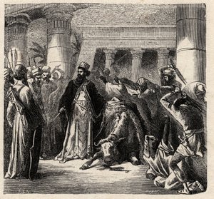 II. Cambyses, az akhemenida perzsák uralkodója megöli az Apis-t, az egyiptomiak szent bikáját – Cambyses vagy II. Cambyse (Kr. e. 530-522) metszet Arthur Mangin „” L