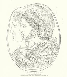 Az ókori egyiptomi fáraó, Ptolemaiosz Philadelphus és felesége, Arsinoe kameója, Kr.e. 3. század (metszet) alkotó: French School