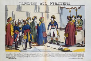 Egyiptom hadjárata (expedíciója) (1798-1801): Bonaparte Napóleon az egyiptomi piramisokhoz 1799-ben. Epinal képe alkotó: French School