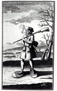 Hócipős kanadai, aki háborúzik a havon, Bacqueville de La Potherie (1663-1736) 1753-ban megjelent Histoire de lAmerique septentrionale című művéből alkotó: French School