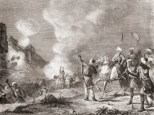 Abu Yaqub Yusuf szultán által ostromgépként használt ágyúk a marokkói Sijilmasa 1274-es ostrománál, Les Merveilles de la Science című, 1870 körül megjelent kötetből (metszet). alkotó: French School