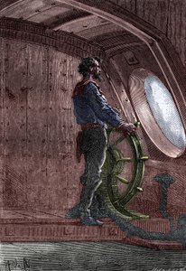 Nemo kapitány a Nautilus kormányánál, Jules Verne "Twenty Thousand Lieues Sous Les Mers" című művéből. alkotó: French School