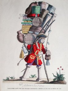 Henri Jacques Nompar de Caumont (1675-1726), 5. Duc de la Force karikatúrája, amelyet az "Epiciers Droguistes" (vegyesboltosok és élelmiszerboltosok) készítettek. alkotó: French School