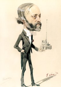 Az építész, Eugène Emmanuel Viollet-le-Duc karikatúrája (színes litó) alkotó: French School
