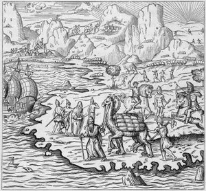 Áruszállítás tevével az alexandriai görög pultból induló hajók rakodásához Európába. Metszet: „La Marine et les colonies: kereskedelem” alkotó: French School