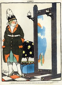 Rajzfilm, amely egy német hölgyet ábrázol, aki csalódott, mert nem tudta megvenni új ruháit Párizsban a rue de la Paix utcában, a La Baionette magazin április 1-i (Poisson dAvril) kiadásából, március 29. alkotó: French School