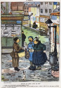 A La Baionette magazin április 1-i (Poisson dAvril) kiadásának 1917. március 29-i rajzfilmje, amely egy feleség trükközésének eredményét ábrázolja a férjével. alkotó: French School