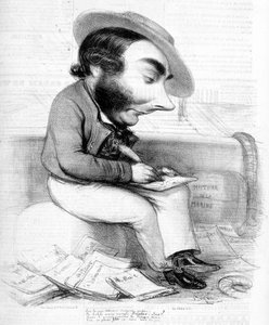 Karikatúra Eugène Sue írásáról, a sajtóban megjelent publikációival körülvéve - a „Le Charivari”-ban, 1840 körül alkotó: French School