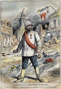 Rajzfilm Jean-Baptiste (Jean Baptiste) Marchand (1863-1934) parancsnokról Toulonban, aki egy afrikai felfedező küldetésből (1896-1899) tér vissza. Metszet a „” Le Pelerin”-ben” 1899.04.06. alkotó: French School