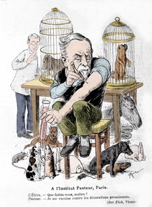 Louis Pasteur tudós, a veszettség elleni vakcina feltalálójának rajzfilmje, aki a porosz díszek ellen oltja magát. Publie in „Der Floh”” alkotó: French School