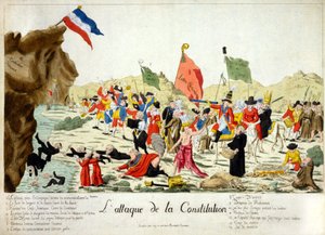Rajzfilm, amelyen különböző csoportok tagjai megtámadják a „francia alkotmány”-ként azonosított sziklát, amelyen a „Liberté” felirattal ellátott francia zászló áll. A csoportokat a példány alatt számozzuk és azonosítjuk. 1792 alkotó: French School