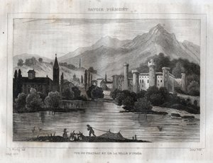 Ivrea vára - Castello di Ivrea - Metszet a „festői Olaszországból”, M. de Norvins, Ch. Nodier 1834-1836. alkotó: French School