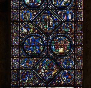 Chartres-i katedrális, ólomüveg: Szent Eustache élete, alacsony részletgazdagság alkotó: French School