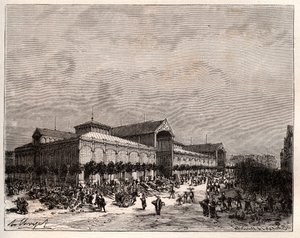 Központi csarnokok Párizsban a 19. században – V.A. „La France illustree: geographie, histoire, Administrationstatistika” metszet. Maláta-barna. 1884 alkotó: French School