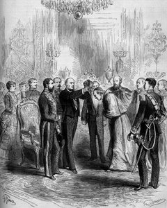 A bíborosi jelvény átadásának ünnepsége: Pier Francesco Meglia (1810-1883) megkapta a bíborosi vörös kabátot, míg Jules Grevy (1807-1891) a bíborosi barettet helyezte a fejére. Párizs, Palais de l
