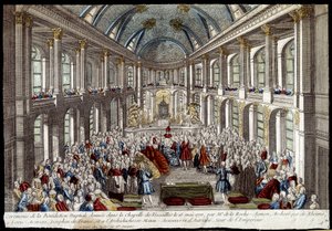 A versailles-i kápolnában 1770. május 16-án Louis Auguste francia delfin (XVI. Lajos) és az osztrák Marie Antoinette által adott menyasszonyi áldás szertartása - metszet alkotó: French School