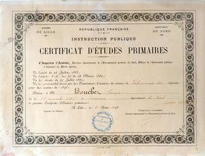 Alapfokú oktatási bizonyítvány, Academie de Lille, 1898 (tintával papíron) alkotó: French School