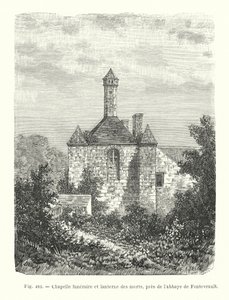 Temetési kápolna és halottak lámpása, a Fontevrault-i apátság közelében (metszet) alkotó: French School