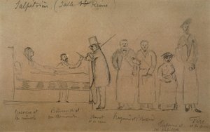 Charcot az egyik tanítványa tervezte. Balról jobbra: Genevieve beteg kamionban, Doctor Desire Magloire Bourneville hőmérővel, Jean Martin Charcot, Raymond és Brissaud, Me Tirperme és Charles Fere. Szent királynő szoba, Salpetriere Hospi alkotó: French School