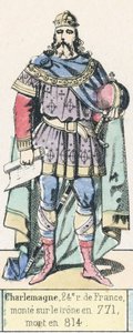 Nagy Károly, Franciaország 24. királya, 771-ben lépett trónra, 814-ben halt meg (színes metszet) alkotó: French School