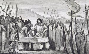 III. Kövér Károly (839-88) lefizeti a viking hódítókat 886-ban Colart "Histoire de France" című művéből, amely 1840 körül jelent meg (metszet) alkotó: French School
