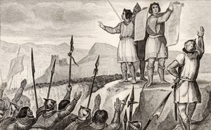 II. Károly (823-77) Kopasz és testvére, Német Lajos szerződést köt Strasbourgban 842-ben Colart "Histoire de France" című művéből, amely 1840 körül jelent meg. alkotó: French School