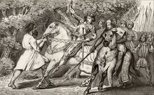 VI. Károlyt (1368-1412), az elmebeteget egy Angers melletti erdőben elkövetett rajtaütésről tájékoztatják, Colart "Histoire de France" című művéből, amely 1840 körül jelent meg. alkotó: French School