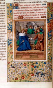 VI. Károly és V. Henrik aláírják a "Trójai Szerződést" 1420-ban, illusztráció a "Chroniques de Monstrelet"-ből alkotó: French School