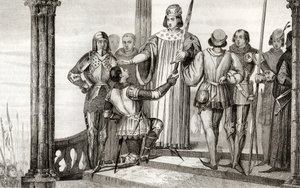 Bölcs V. Károly (1358-80) átadja kardját Duguesdinnek Colart „Histoire de France” című művéből, amely 1840 körül jelent meg. alkotó: French School