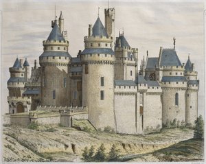 Chateau de Pierrefonds, a Le Moniteur des architectes illusztrációja, Bosredon metszet (színes metszet) alkotó: French School