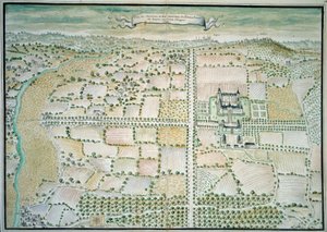 Chateaux de la Loire: "" Plessis Bourre kastélyának kilátása"" A francia iskola akvarellje. 1699 Párizs, B.N. alkotó: French School