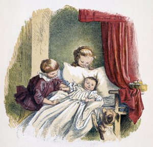 Gyerekek babát játszanak „” Schnick, nassolnivaló, apróságok a kicsiknek””, gyerekjátékok. szerk. London – Georges Ronthedge és fiai. New York, The wide way Ludgate n.d. c. 1890. alkotó: French School
