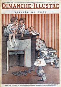 Gyerekek ülnek a kéményen, csapdát állítanak a Mikulásnak, a "Le Dimanche illustrious" című 1930-as karácsonyi újság számára (metszet). alkotó: French School