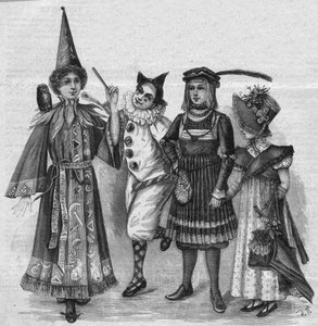 Gyermekruházat: boszorkányjelmezek, bohóc, lap és „Birodalom”. Metszet a „La gazette du dimanche”-ban, 1896. január 23-án. alkotó: French School