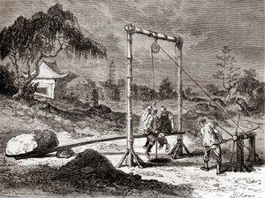 Kínai munkások a 19. században, akik kutat ástak sós víz kitermelésére, a „Les Merveilles de la Science”-ből, 1870 körül megjelent (metszet) alkotó: French School