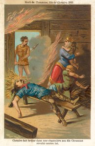 I. Chlothar, a frankok királya halálra égette lázadó fiát, Chramot és családját, 560 (chromolitho) alkotó: French School