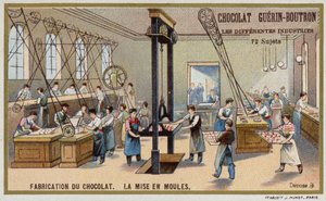 Csokoládé gyártás. Csokoládé formákba helyezése (chromolitho) alkotó: French School