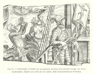 Kolumbusz Kristóf karavelláján, első nyugati vidéki útja során; századi niello után, Bibl Laurentienne de Florence (metszet) alkotó: French School