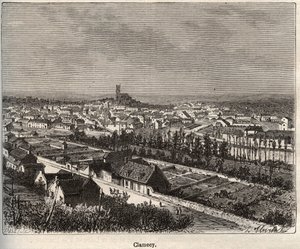 Clamecy - Nievre - Burgundia - metszet a „La France illustree: földrajz, történelem, statisztikai igazgatás” könyvében, V.A. Maláta-barna. 1884 alkotó: French School