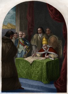 XIV. Kelemen (Clemente vagy Clemens) (1705-1774) a Jezsuita Társaság felszámolásáról 1773. július 21-én. Vésett 1842-ből a „Histoire des Popes: bűnök, gyilkosságok, mérgezések, paricidák, házasságtörések, vérfertőzés...” című könyvében Maurice Lachatre. Ma alkotó: French School