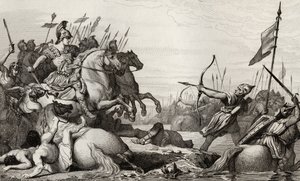 Clodion, A szőrös (428-47 körül) Visszavonul a hídon Aetius legyőzése után, Colart „Histoire de France” című művéből, 1840 körül. alkotó: French School