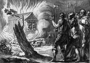 Clotaire (Clothaire) I (497-561), a frankok királya egy kunyhóban megégette fiát, Chramne-t, aki fellázadt ellene és családja ellen. 560 körül. 18. századi metszet. alkotó: French School